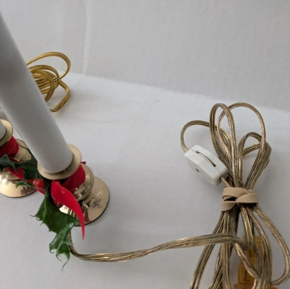 70's Brass Electric Faux Christmas Candlestick Window Lamp. Set of 2